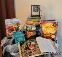 Książki serii Harry Potter na stole z pajęczynami.
